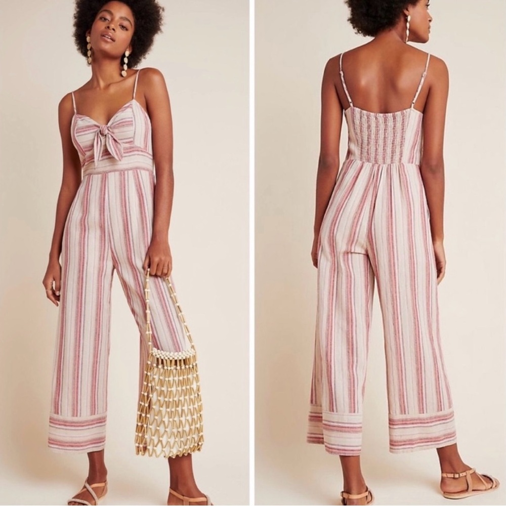 NWT Anthropologie J.O.A Lisanna Striped Tie Front Linen Jumpsuit Women’s S & Med